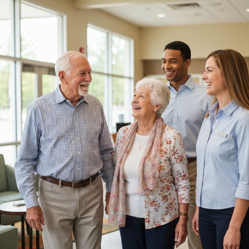 Happy senior couple touring a community with their family
